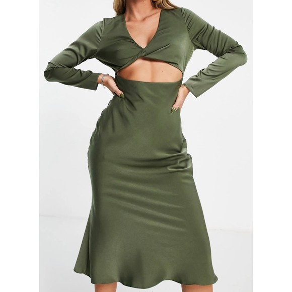 Asos Design Satin Twist Cutout Midi Dress Green Size 6 - Picture 1 of 9
